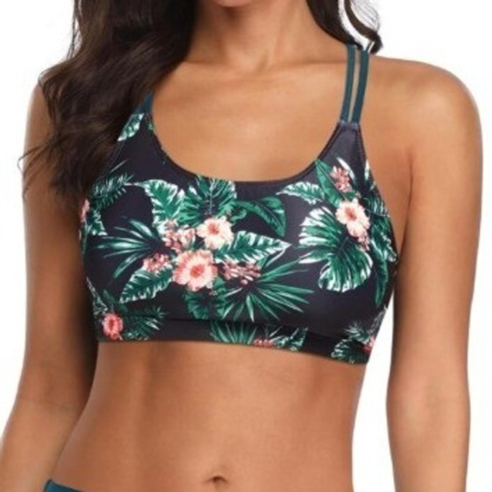 Holipick Floral Bikini Top XL Black Teal Tropical Hibiscus Crisscross Strappy